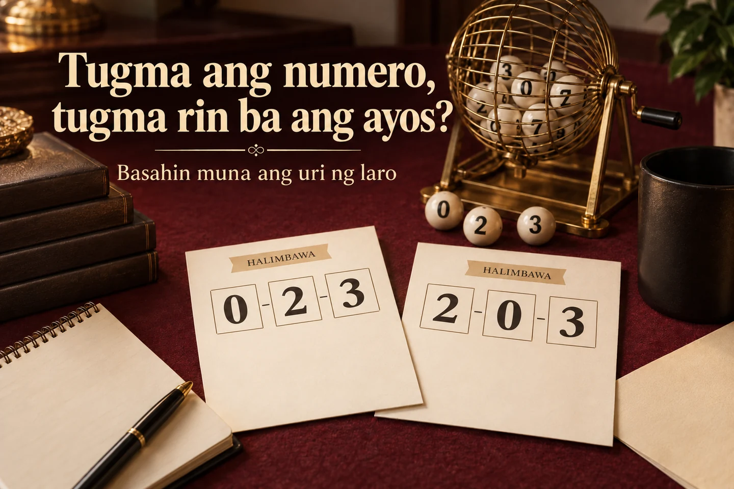 Lottery cage and two fake number cards 0–2–3 and 2–0–3; question about number order.