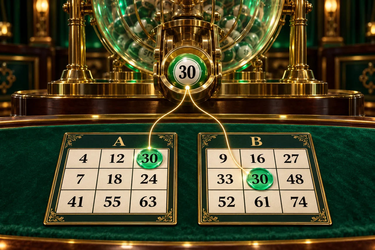 A clearly numbered bingo ball 30 links to the matching positions on two different fictional three-by-three cards.