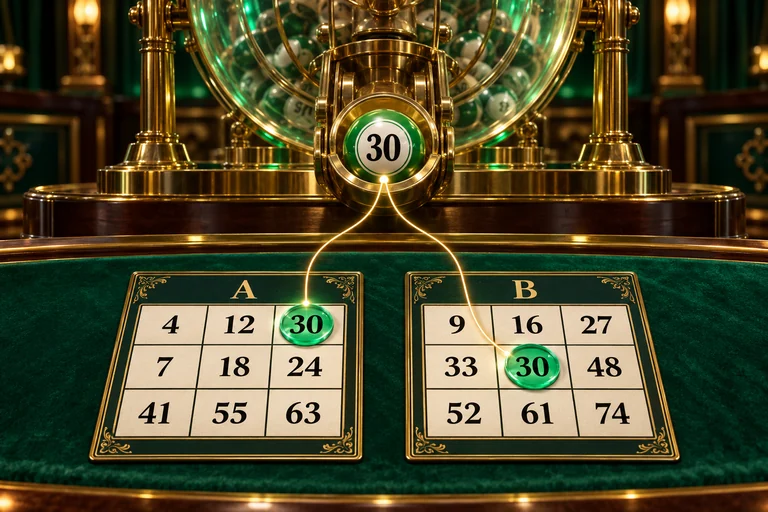A clearly numbered bingo ball 30 links to the matching positions on two different fictional three-by-three cards.