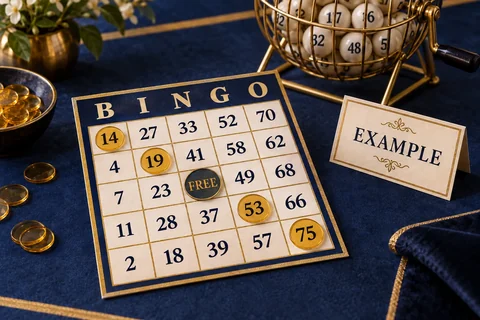 A 75-ball bingo card, numbered balls and a marker beside a draw cage.
