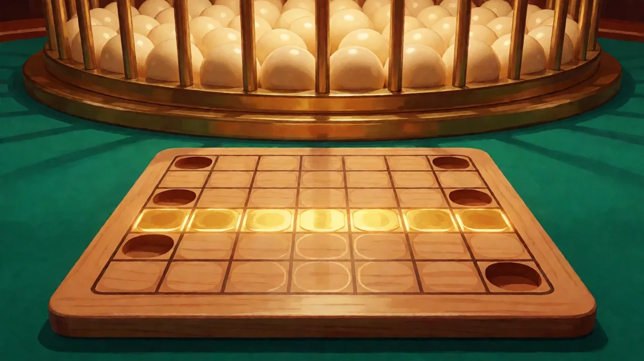A wooden bingo board on a teal table with a row of glowing gold marked squares, a brass ball cage with ivory balls behind it