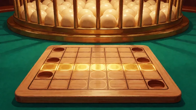 A wooden bingo board on a teal table with a row of glowing gold marked squares, a brass ball cage with ivory balls behind it