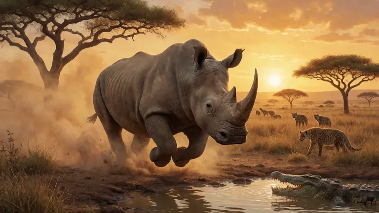 A rhinoceros charging through a dust cloud on the savannah at sunset, with acacia trees, hyenas in the grass and a crocodile at a waterhole