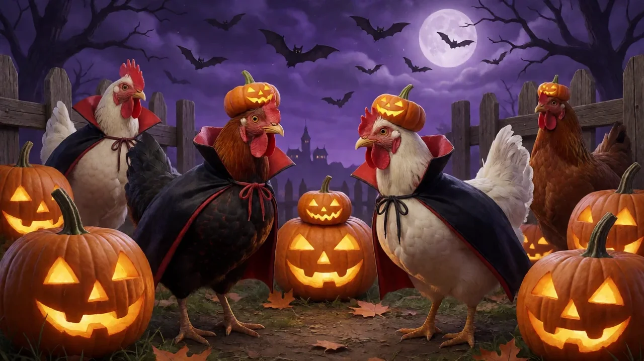 Chickens in black and red vampire capes and pumpkin hats among glowing carved pumpkins by a wooden fence, with bats, a full moon and a purple night sky